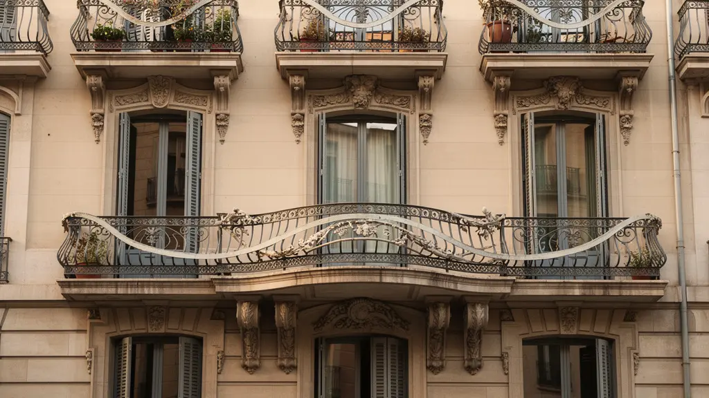Fachada de edificio modernista barcelonés con balcones de hierro forjado en el Eixample Fachada de edificio modernista barcelonés con balcones de hierro forjado en el Eixample